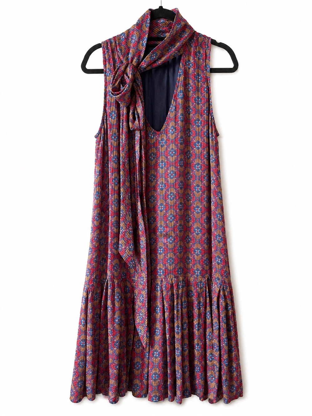 BIBA Silk Dress Vintage Style Sleeveless Scarf Neck Print Boho Midi